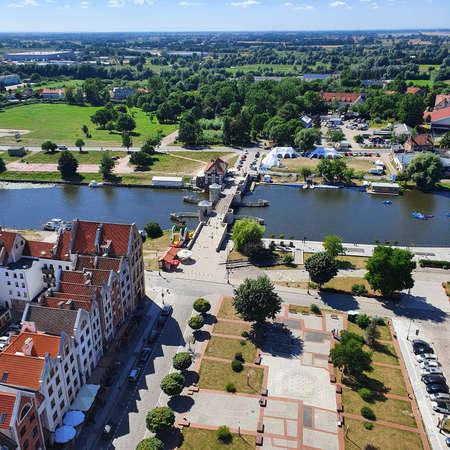 Elblag, Poland - August 11, 2020: Aerial view of Elblag, Poland. View from the cathedral tower.