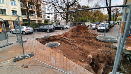 Gdynia, Poland - November 5, 2020: Road works. Dug street and replacement of sewage chambers.