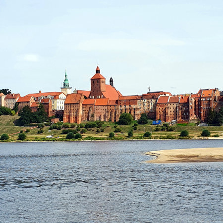 Panorama of Grudziadz on the other side of the Vistula River, Poland.の写真素材