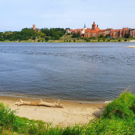 Panorama of Grudziadz on the other side of the Vistula River, Poland.の写真素材