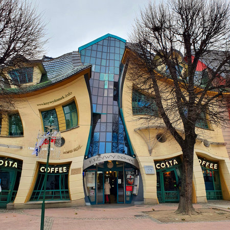 Sopot, Poland - January 3, 2021: The Crooked house on the Heroes of Monte Cassino street in Sopot, Poland. Crooked little house or Krzywy Domek is an unusually shaped building.のeditorial素材