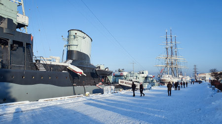 Gdynia, Poland - January 17, 2021: Museum ship ORP Blyskawica at the waterfront in Gdynia in winter time.のeditorial素材