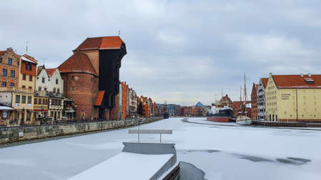 Gdansk, Poland - February 7, 2021: Old Town of Gdansk in Poland with Motlava river, Poland. Winter scenery.のeditorial素材