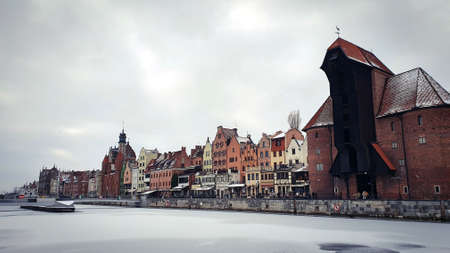 Gdansk, Poland - February 7, 2021: Old Town of Gdansk in Poland with Motlava river, Poland. Winter scenery.のeditorial素材