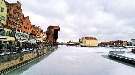Gdansk, Poland - February 7, 2021: Old Town of Gdansk in Poland with Motlava river, Poland. Winter scenery.のeditorial素材