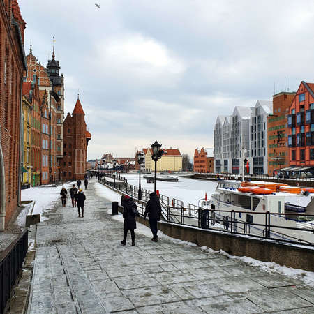 Gdansk, Poland - February 7, 2021: Old Town of Gdansk in Poland with Motlava river, Poland. Winter scenery.のeditorial素材