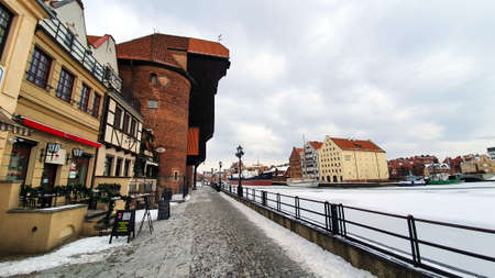 Gdansk, Poland - February 7, 2021: Old Town of Gdansk in Poland with Motlava river, Poland. Winter scenery.のeditorial素材