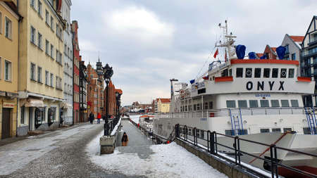 Gdansk, Poland - February 7, 2021: Old Town of Gdansk in Poland with Motlava river, Poland. Winter scenery.のeditorial素材