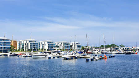 Gdynia, Poland - July 4, 2021: Motorboats and boats in a new modern marina in Gdynia, Poland.のeditorial素材
