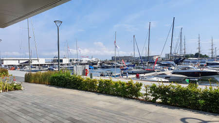 Gdynia, Poland - July 4, 2021: Motorboats and boats in a new modern marina in Gdynia, Poland.のeditorial素材