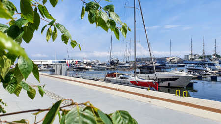 Gdynia, Poland - July 4, 2021: Motorboats and boats in a new modern marina in Gdynia, Poland.のeditorial素材