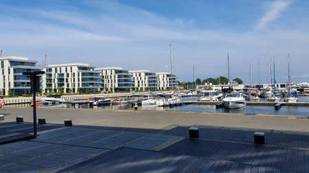 Gdynia, Poland - July 4, 2021: Motorboats and boats in a new modern marina in Gdynia, Poland.のeditorial素材