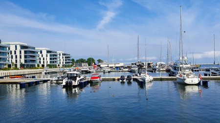 Gdynia, Poland - July 4, 2021: Motorboats and boats in a new modern marina in Gdynia, Poland.のeditorial素材