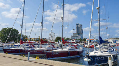 Gdynia, Poland - July 18, 2021: Motorboats and boats in a new modern marina in Gdynia, Poland.のeditorial素材