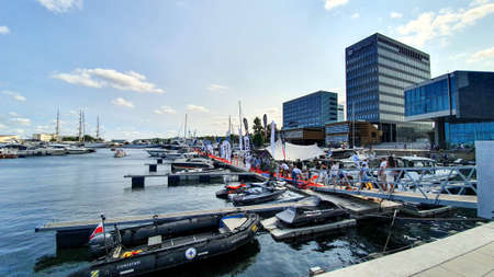 Gdynia, Poland - July 18, 2021: Motorboats and boats in a new modern marina in Gdynia, Poland.のeditorial素材