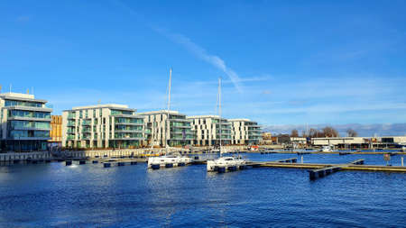 Gdynia, Poland - January 15, 2022: Marina and modern apartments in Gdynia, Poland.のeditorial素材
