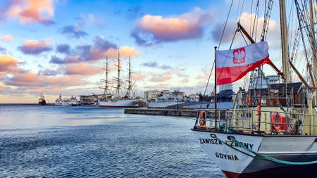 Gdynia, Poland - February 7, 2022: Sailing ship SV Dar Pomorza and Zawisza Czarny at the waterfront in Gdynia, Polandのeditorial素材