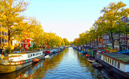 view amsterdam canal in autumnの写真素材