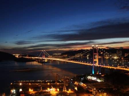 Tsing Ma bridge at night, Hong Kong, china.の写真素材