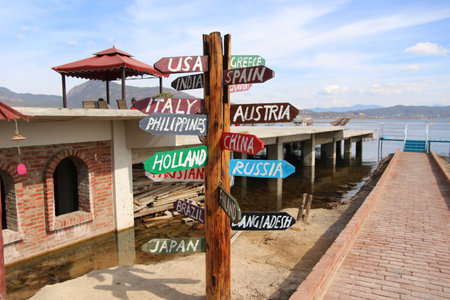 Signs on the beach of Lake Titicaca, Puno, Peru