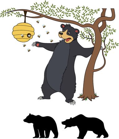 Cute cartoon bear cub with honey and bees.のイラスト素材