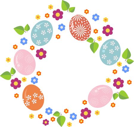 Easter wreath with easter eggs on white background. Decorative doodle frame from Easter eggs and floral elements.の写真素材
