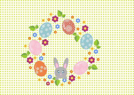 Easter wreath with easter eggs on white background. Decorative doodle frame from Easter eggs and floral elements.の写真素材