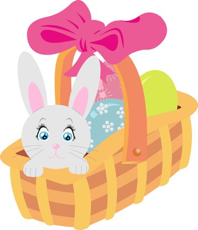 basket with rabbit, easter eggs and ribbon. vector illustration isolated on white background.のイラスト素材