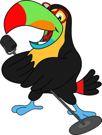 Funny cartoon toucan with microphone. Illustration on white background.の写真素材