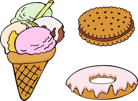 Set of hand drawn donut, ice cream, biscuit. Vector color illustrationのイラスト素材