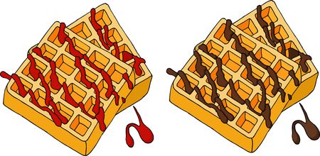 Waffles topped with berry syrup and chocolate. Vector illustration.のイラスト素材