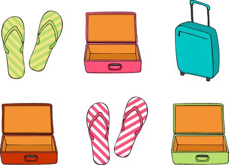 Business and family vacation travel luggage and Flip flops collection vector illustrationのイラスト素材
