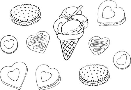 Set of hand drawn donut, ice cream, biscuit. Vector color illustration on white backgroundのイラスト素材