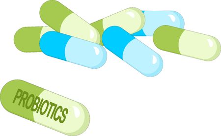 Capsules with green probiotics bacteria. Concept of healthy nutrition ingredient for therapeutic purposes.のイラスト素材
