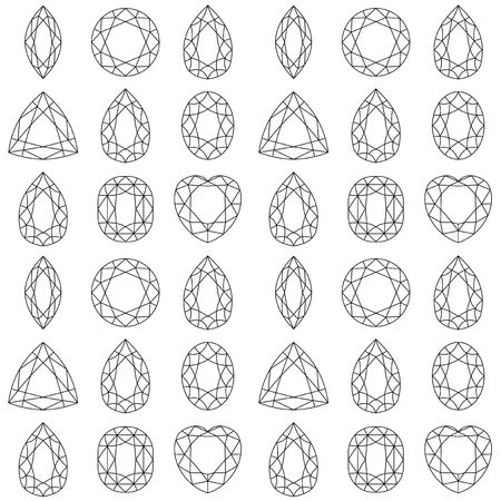 Monochrome seamless pattern with gemstones, mineral crystals, natural stones with black contour lines on white background. Vector illustrationのイラスト素材