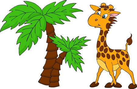 Cute Giraffe and palm tree. Raster illustration isolated on a white backgroundの写真素材