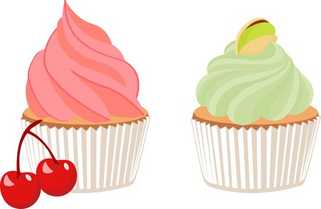 Vector cartoon illustration of pistachio cupcake decorated with cherry isolated on white backgroundのイラスト素材