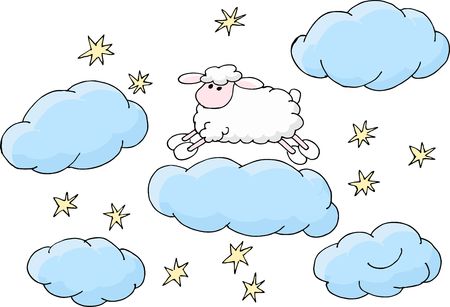 Counting sheep to fall asleep raster illustration. Cute cartoon sheep jumping over cloud. Good night sleep metaphor.の写真素材