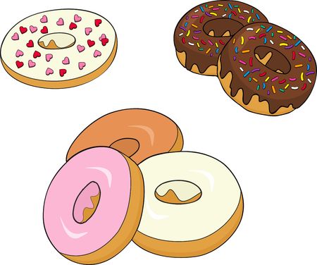 assorted donuts with chocolate frosted, pink glazed and sprinkles donuts. Vector Illustration on white backgroundの写真素材