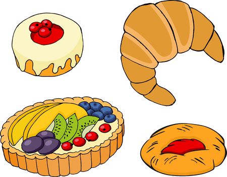 Pastry, croissants, fruit tart, bagel and jam-filled pastryの写真素材
