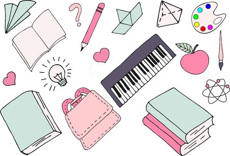 Raster Illustration of different school supplies. First day of school, Back to schoolの写真素材