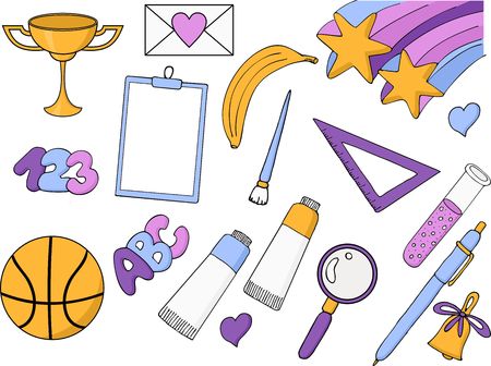 Freehand drawing school items. Raster illustration. Setの写真素材