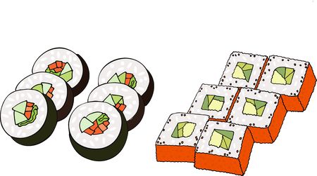 Colorful sushi set. Raster illustration on white backgroundの写真素材