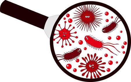 Bacterial microorganism in a magnifier. Bacteria and germs colorful set, micro-organisms, bacteria, viruses, protozoa under the rejuvenating glass.の写真素材