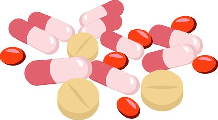 Assorted pharmaceutical medicine pills, tablets and capsules over white background. Raster Illustration.の写真素材