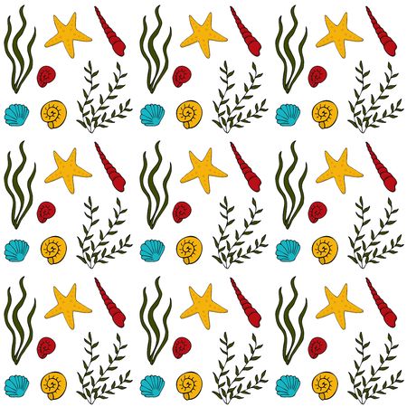 Seamless pattern with seashells, seaweed and starfishes. Marine background. Raster illustration on white background. Perfect for greetings, invitations, wrapping paper, textile, wedding and web designの写真素材