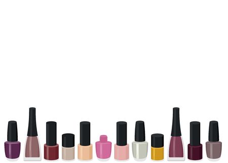 Raster illustration set of a color nail polish. Isolated glass bottles on white backgroundの写真素材