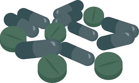 Organic spirulina. Drugs, Chlorella, Spirulina vulgaris tabs and capsules. Raster Illustration on white background.の写真素材