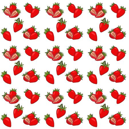 Seamless pattern with isolated hand drawn red strawberry. Raster Illustrarion with berries and strawberry slices on white background.の写真素材