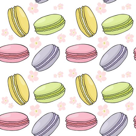 Seamless pattern with colorful macaroon cookies on white background. Raster illustration.の写真素材